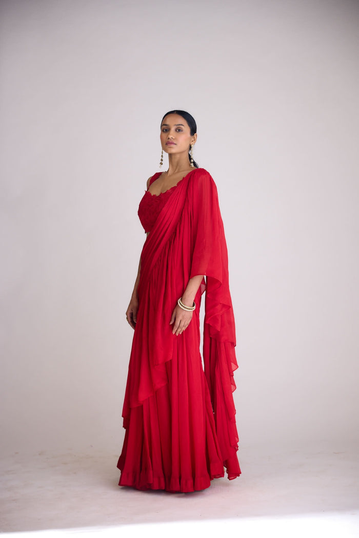 RED PRE-DRAPED SAREE