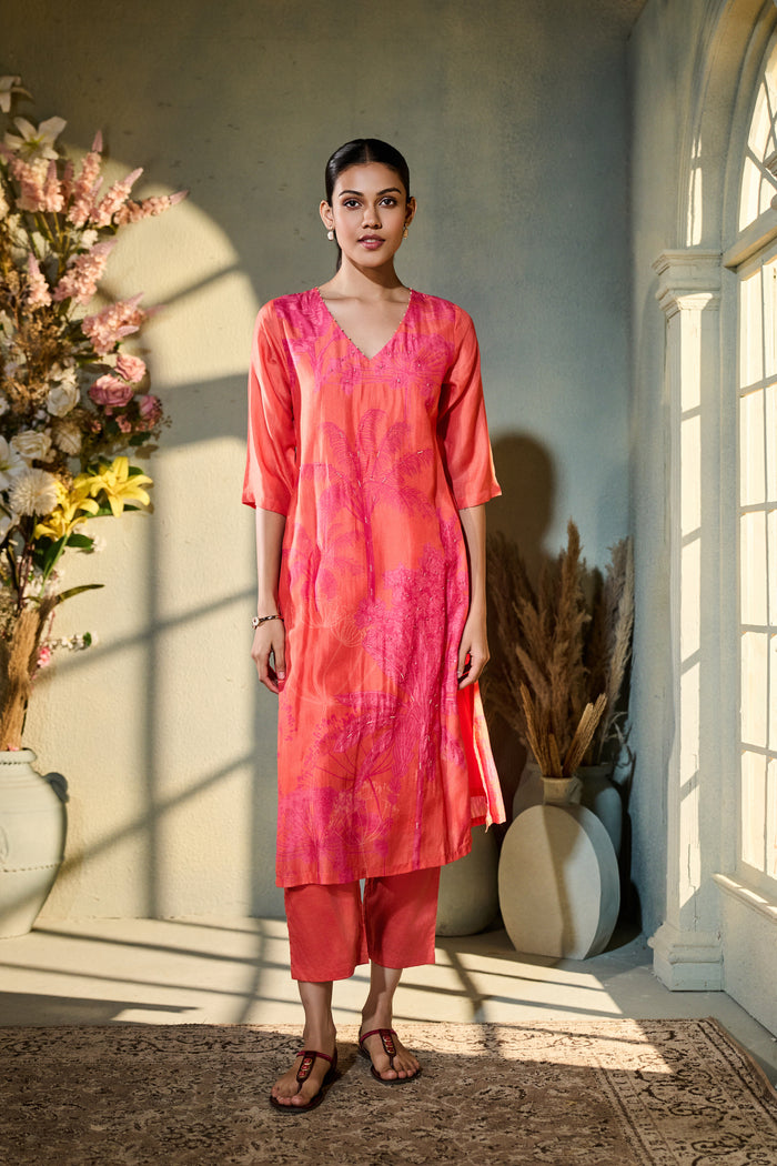 ORANGE PRINTED SILK KURTA SET WITH EMBROIDERY | Nishly Fashion House