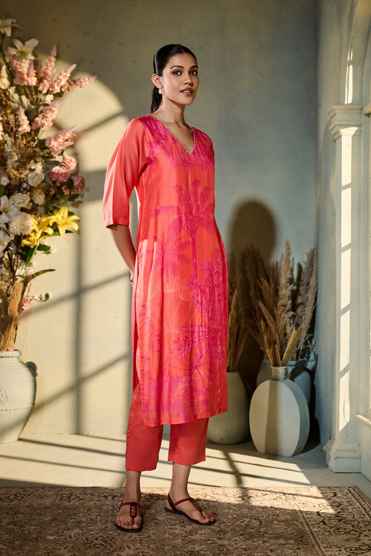 ORANGE PRINTED SILK KURTA SET WITH EMBROIDERY | Nishly Fashion House
