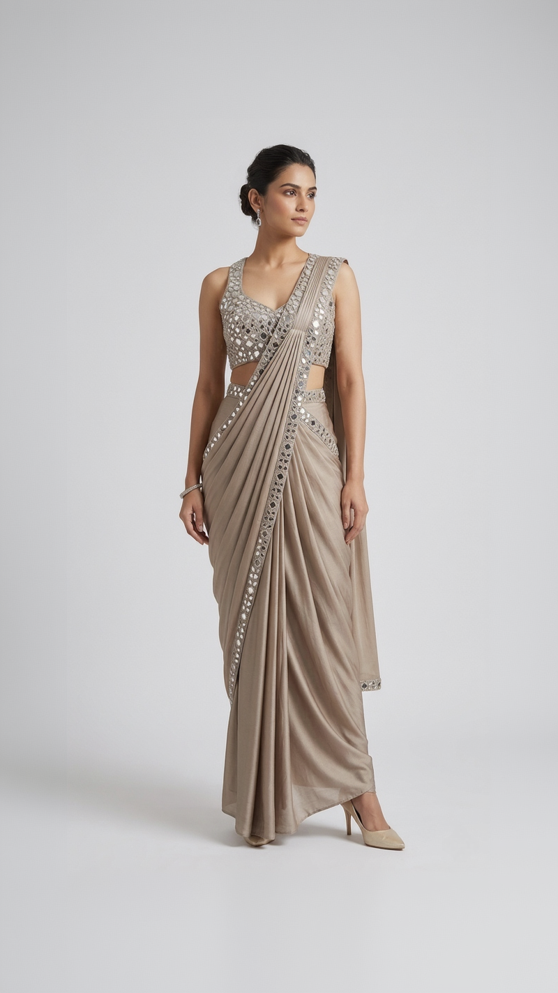 BEIGE HALTER NECK MIRROR EMBROIDERED PRE DRAPED SAREE