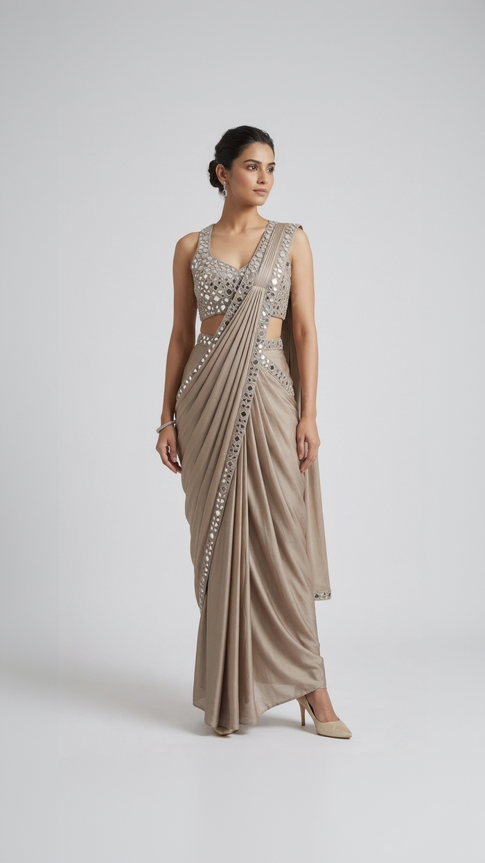 BEIGE HALTER NECK MIRROR EMBROIDERED PRE DRAPED SAREE