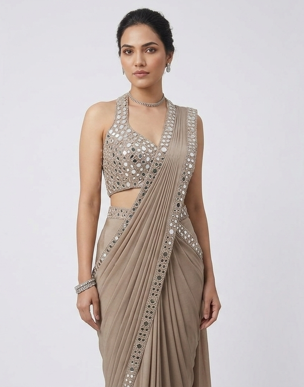 BEIGE HALTER NECK MIRROR EMBROIDERED PRE DRAPED SAREE