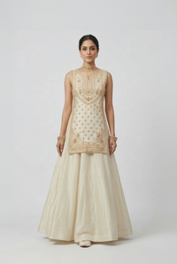 IVORY TISSUE SILK EMBROIDERED DESIGNER LEHENGA SET