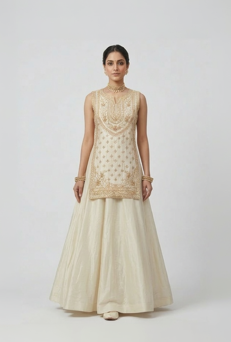 IVORY TISSUE SILK EMBROIDERED DESIGNER LEHENGA SET