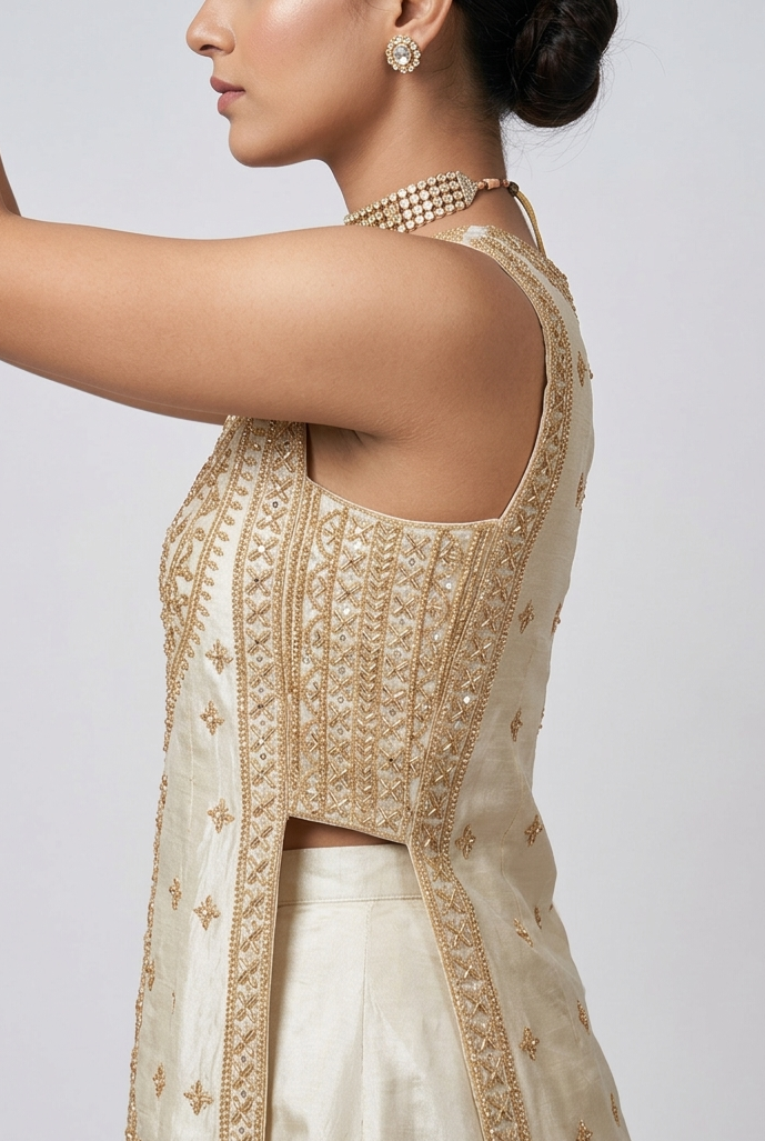 IVORY TISSUE SILK EMBROIDERED DESIGNER LEHENGA SET