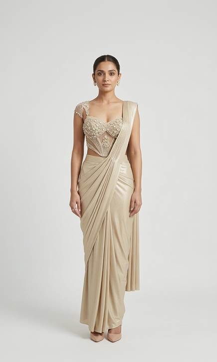 GOLD CORSET SEQUINS EMBROIDERED PRE DRAPED SAREE SET