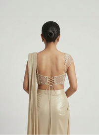GOLD CORSET SEQUINS EMBROIDERED PRE DRAPED SAREE SET