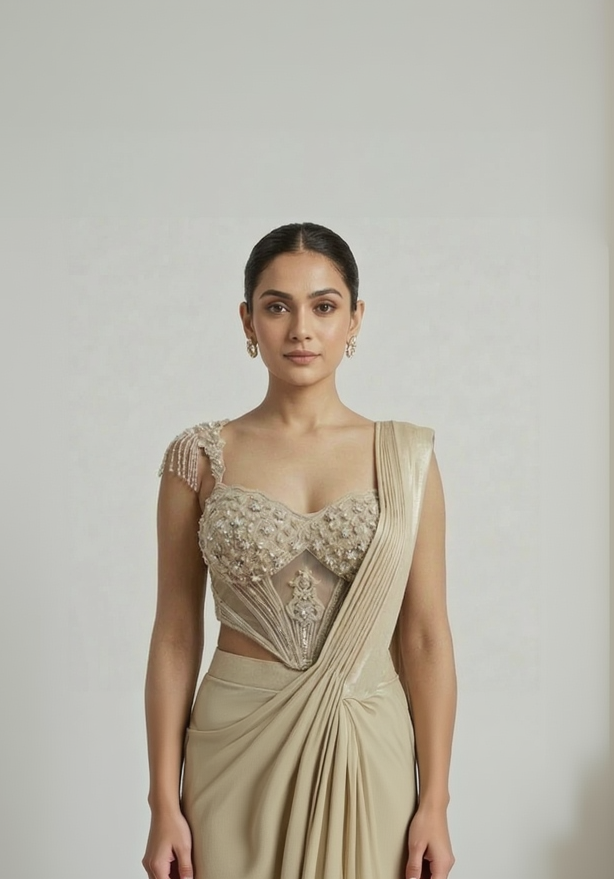 GOLD CORSET SEQUINS EMBROIDERED PRE DRAPED SAREE SET