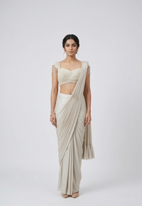CREAM EMBROIDERED PRE DRAPED SAREE