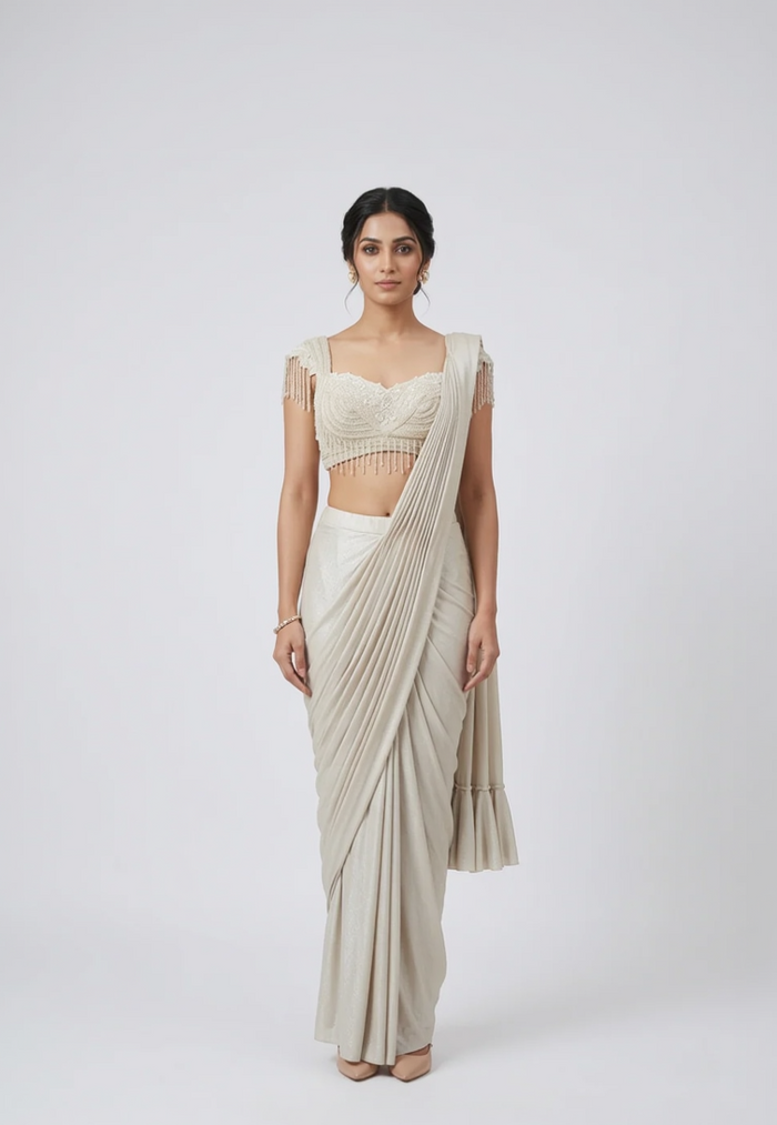 CREAM EMBROIDERED PRE DRAPED SAREE