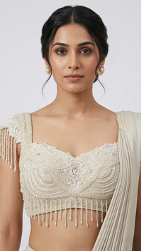 CREAM EMBROIDERED PRE DRAPED SAREE