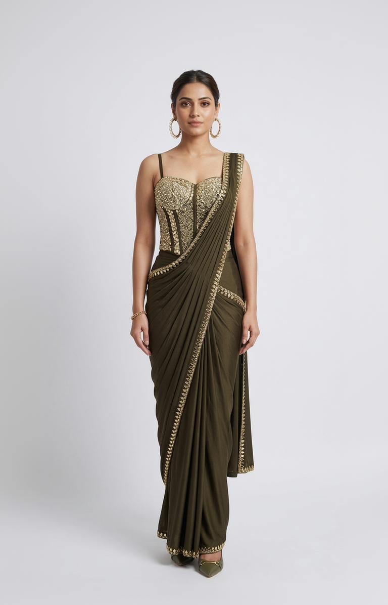 GREEN MIRROR EMBROIDERED CORSET PRE DRAPED SAREE SET
