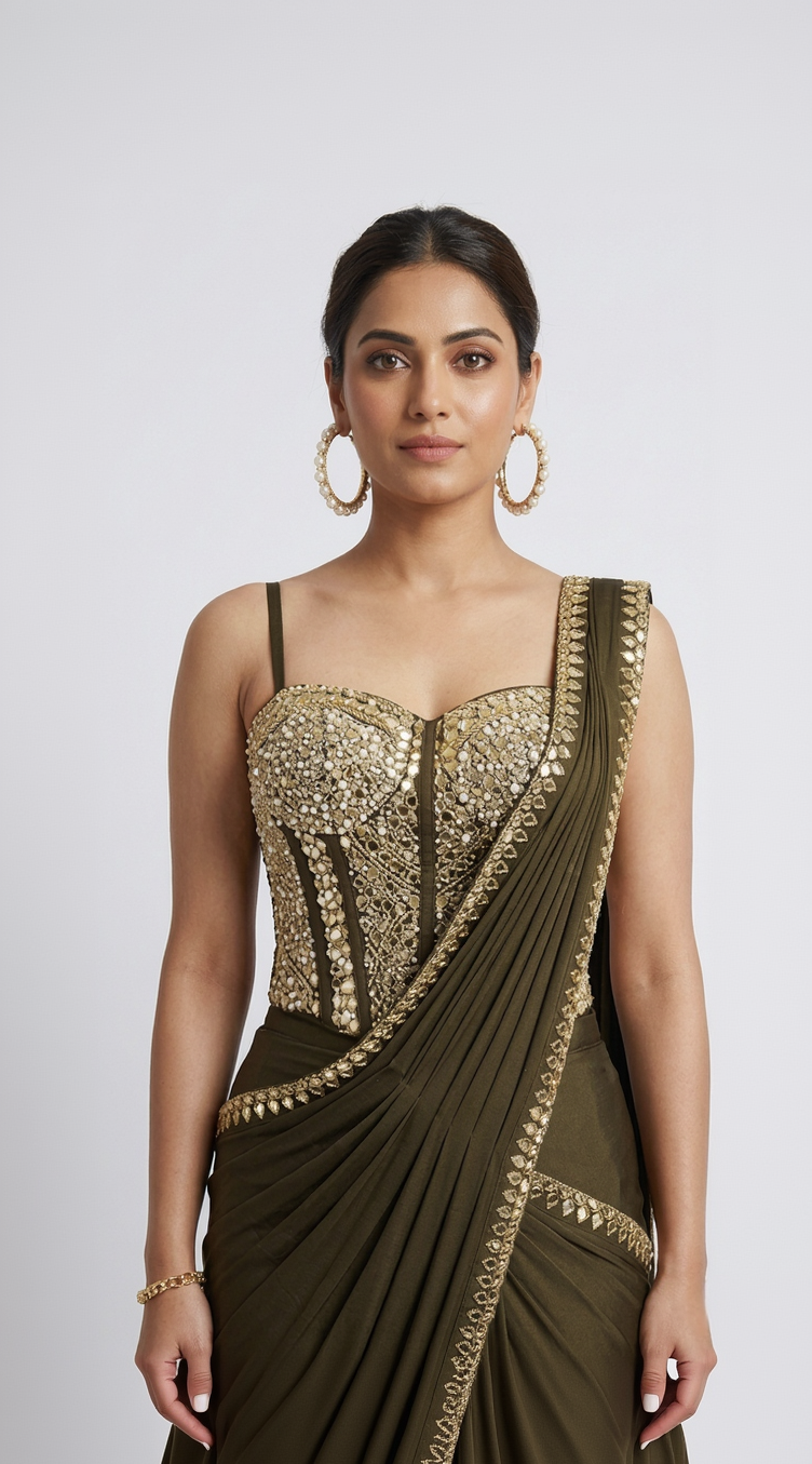GREEN MIRROR EMBROIDERED CORSET PRE DRAPED SAREE SET
