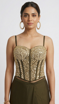 GREEN MIRROR EMBROIDERED CORSET PRE DRAPED SAREE SET