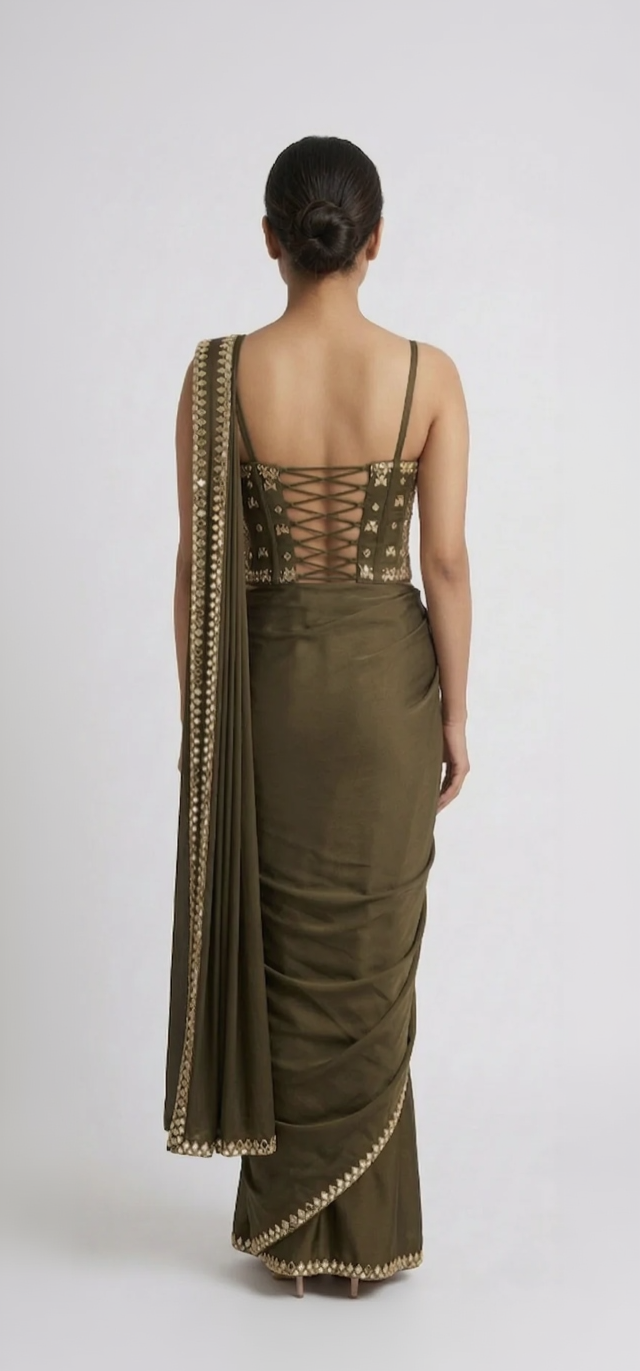 GREEN MIRROR EMBROIDERED CORSET PRE DRAPED SAREE SET