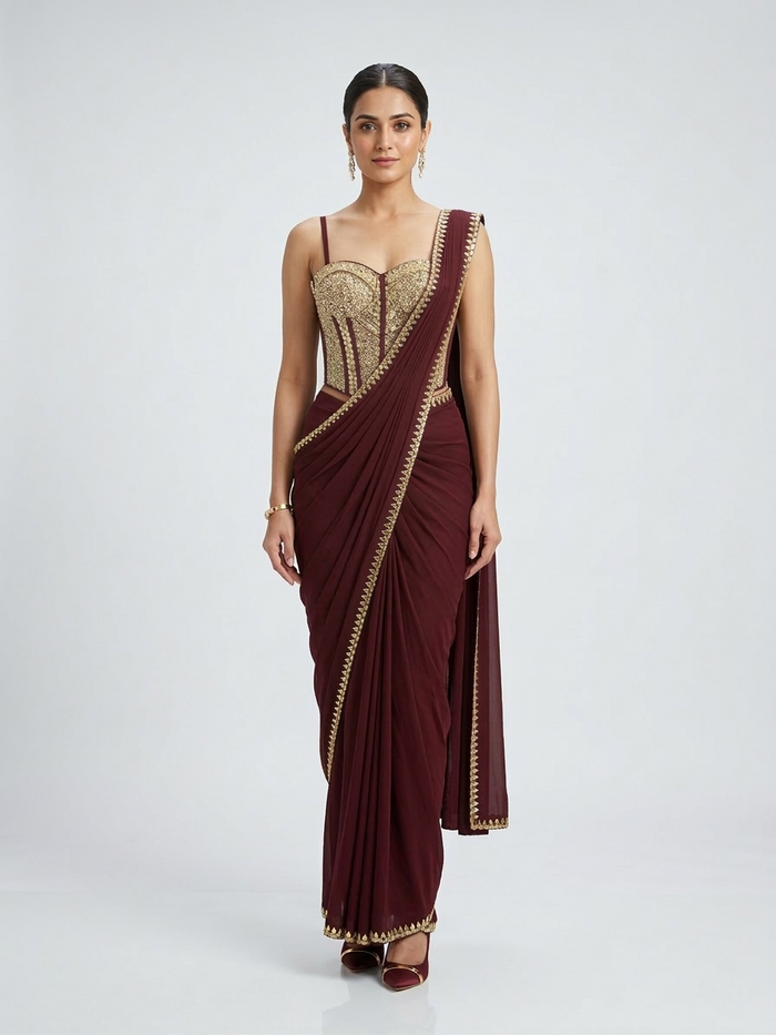 MAROON MIRROR EMBROIDERED CORSET PRE DRAPED SAREE SET