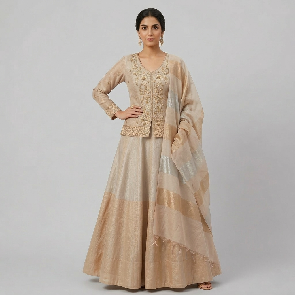 BROWN TISSUE ZARDOSI EMBROIDERED LEHENGA SET