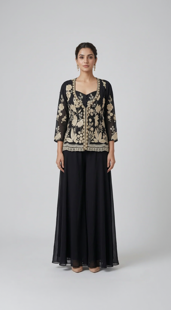 BLACK GEORGETTE SEQUINS EMBROIDERED JACKET SET