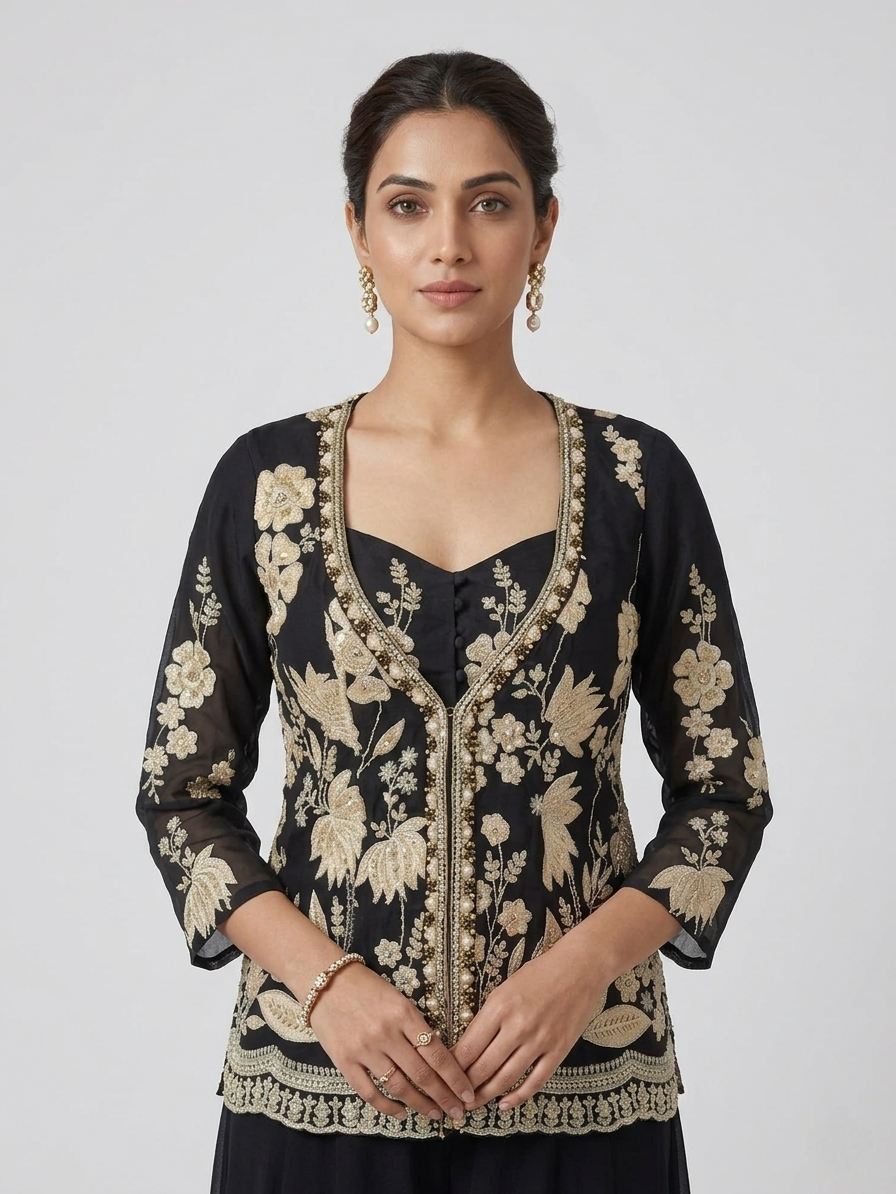 BLACK GEORGETTE SEQUINS EMBROIDERED JACKET SET