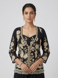 BLACK GEORGETTE SEQUINS EMBROIDERED JACKET SET