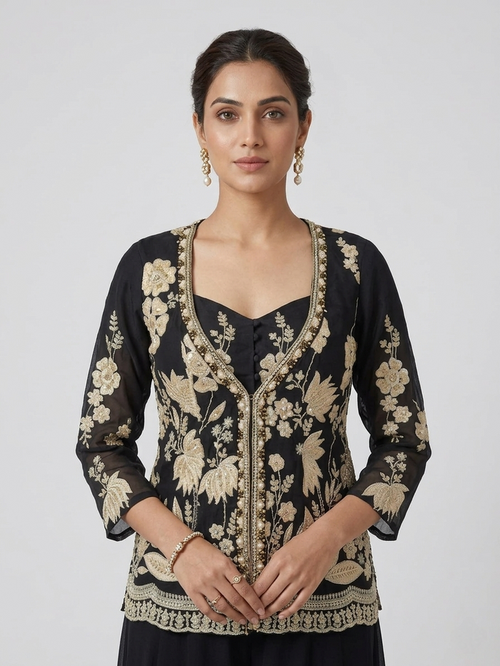 BLACK GEORGETTE SEQUINS EMBROIDERED JACKET SET