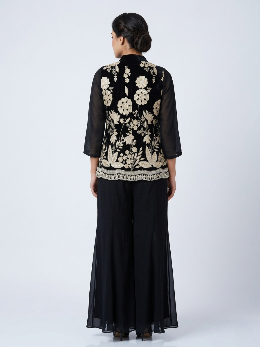 BLACK GEORGETTE SEQUINS EMBROIDERED JACKET SET