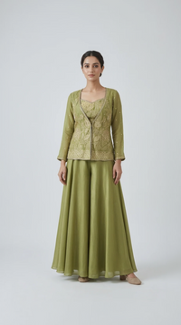 EMBROIDERED GREEN TISSUE SILK JACKET SET