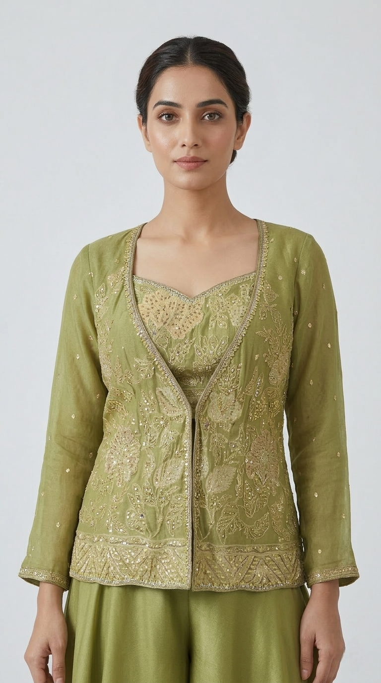 EMBROIDERED GREEN TISSUE SILK JACKET SET