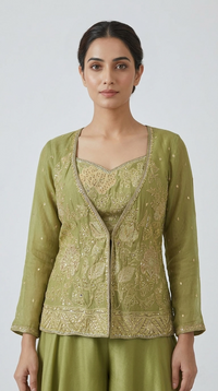 EMBROIDERED GREEN TISSUE SILK JACKET SET