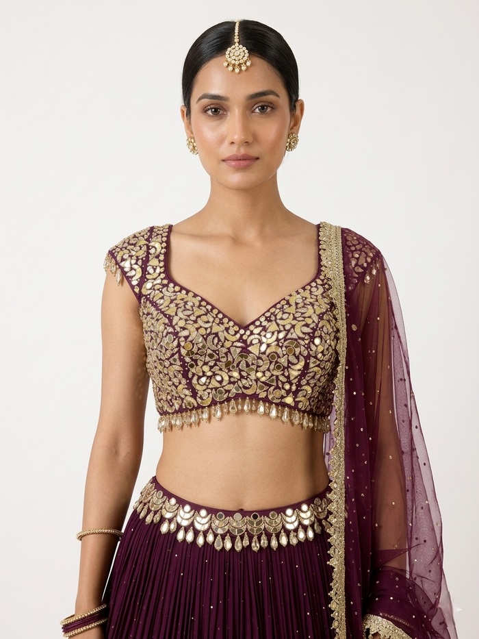 PURPLE MIRROR EMBROIDERED GEORGETTE LEHENGA SET