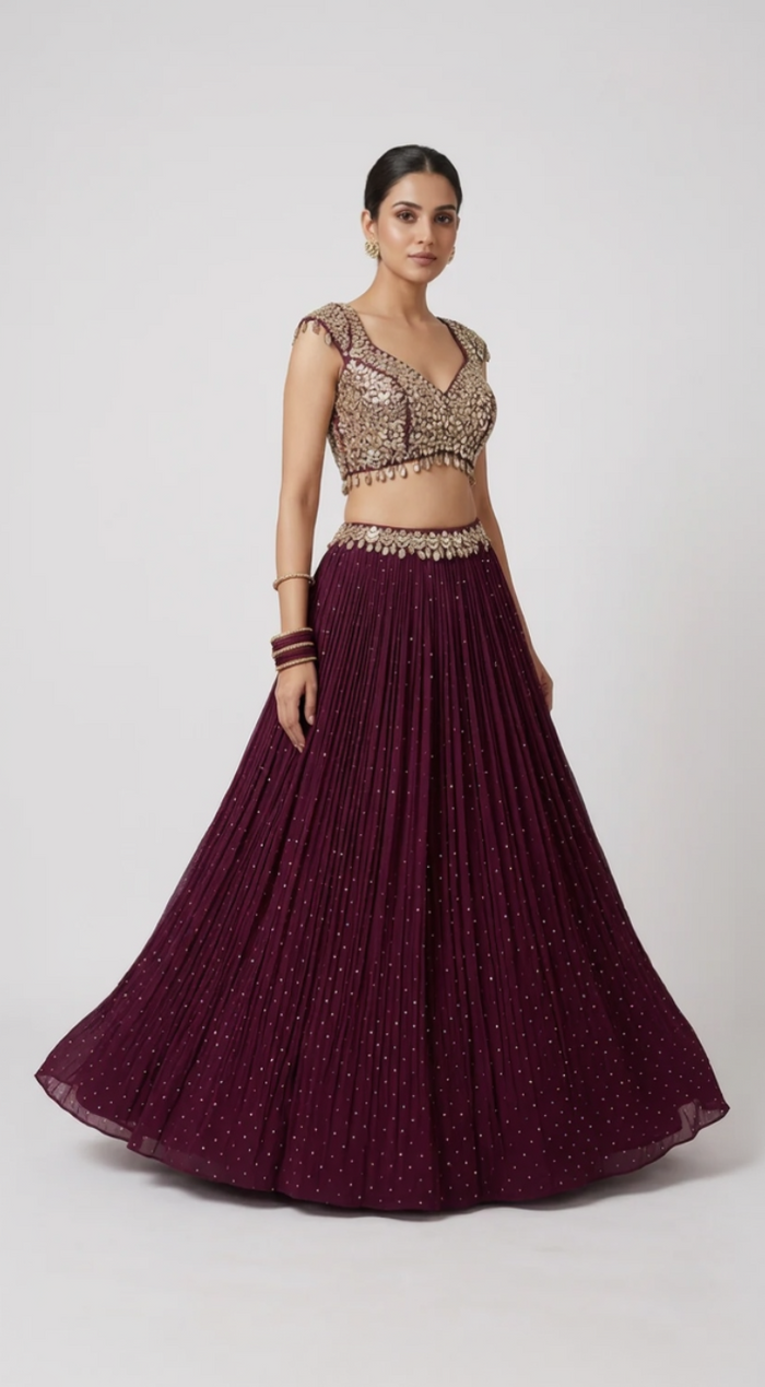 PURPLE MIRROR EMBROIDERED GEORGETTE LEHENGA SET