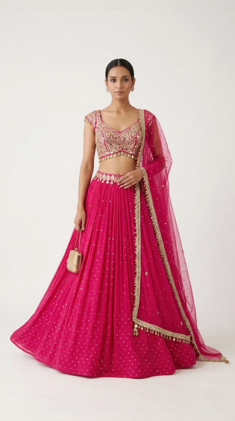 PINK MIRROR EMBROIDERED GEORGETTE LEHENGA SET