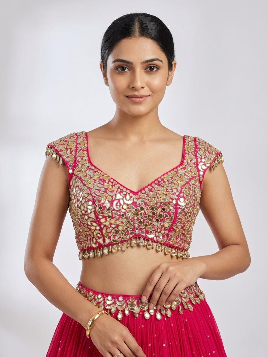 PINK MIRROR EMBROIDERED GEORGETTE LEHENGA SET