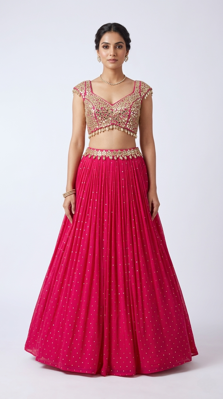 PINK MIRROR EMBROIDERED GEORGETTE LEHENGA SET