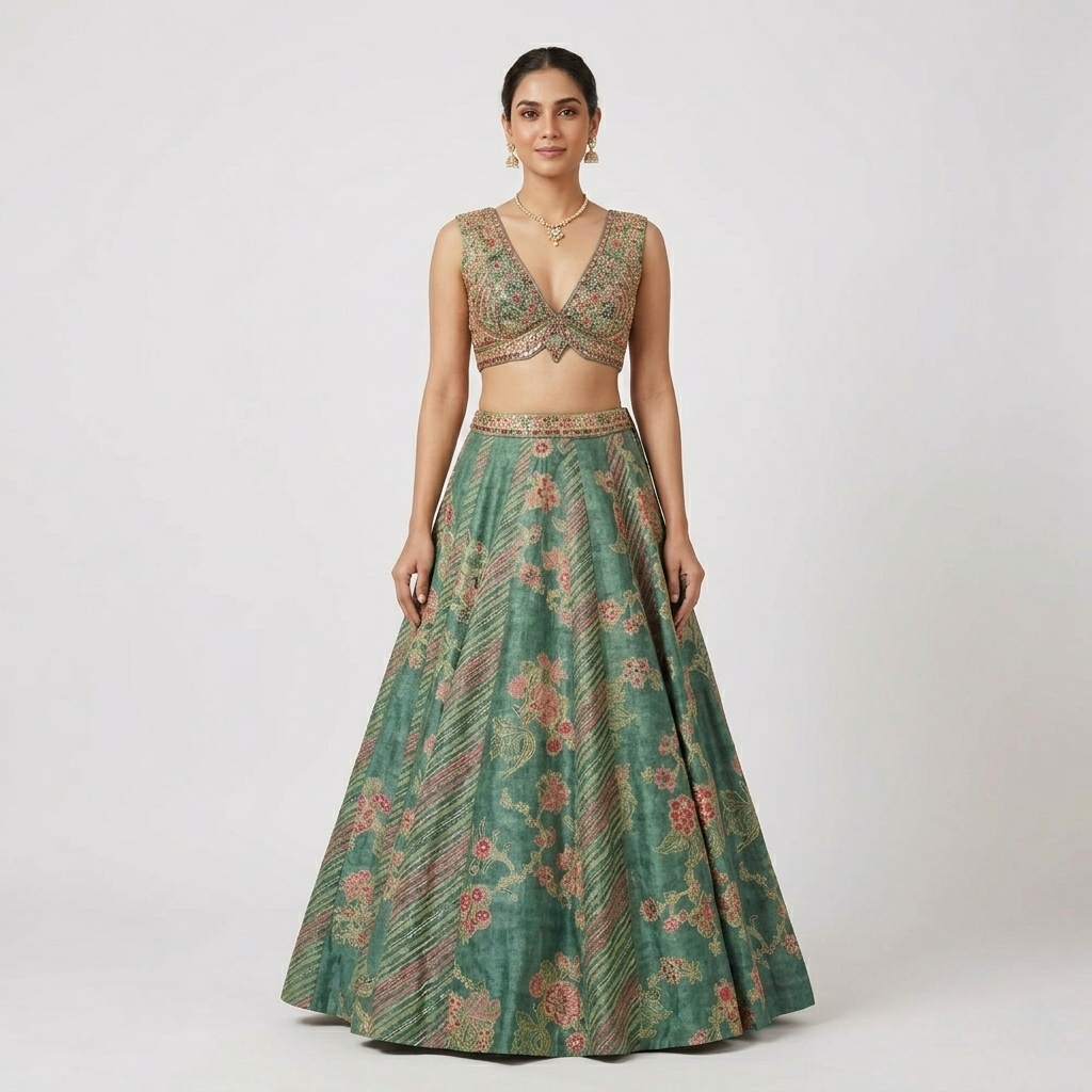 GREEN EMBROIDERED LEHENGA CHOLI SET
