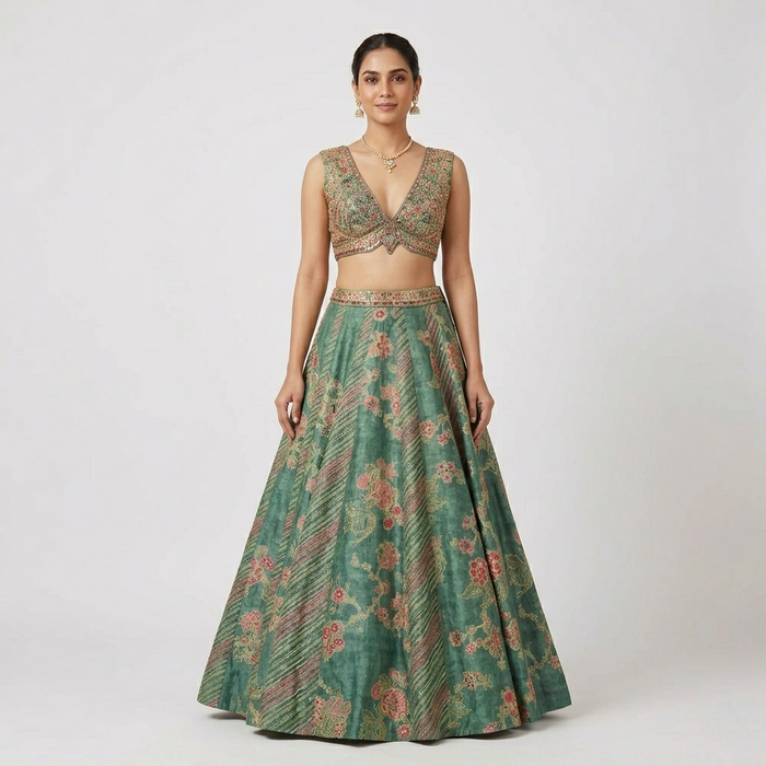 GREEN EMBROIDERED LEHENGA CHOLI SET