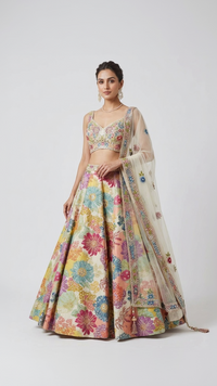 CREAM FLORAL MIRROR EMBROIDERED LEHENGA CHOLI