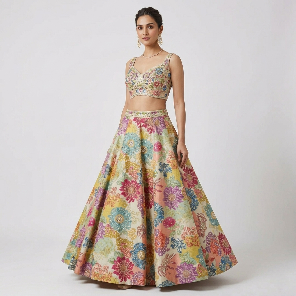 CREAM FLORAL MIRROR EMBROIDERED LEHENGA CHOLI