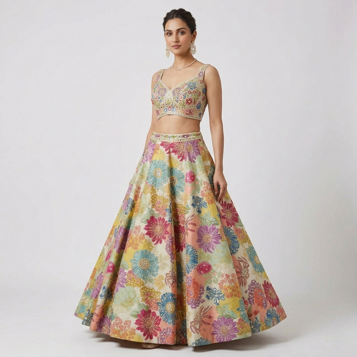 CREAM FLORAL MIRROR EMBROIDERED LEHENGA CHOLI