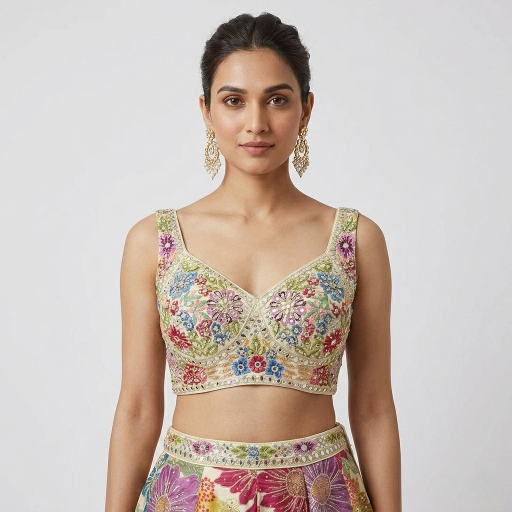 CREAM FLORAL MIRROR EMBROIDERED LEHENGA CHOLI