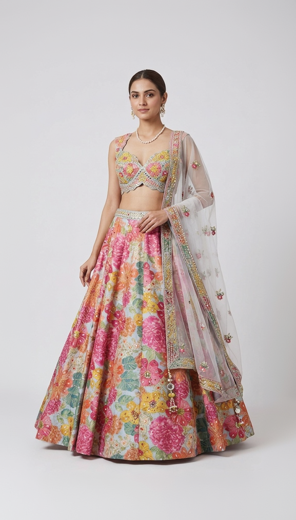 BLUE FLORAL MIRROR EMBROIDERED LEHENGA CHOLI SET