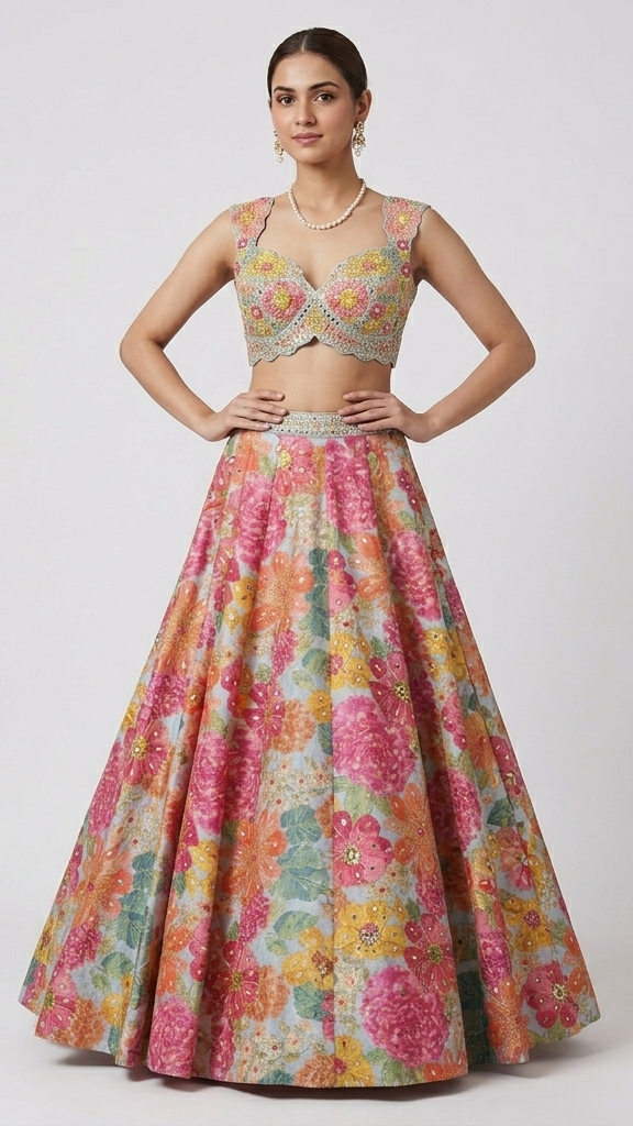 BLUE FLORAL MIRROR EMBROIDERED LEHENGA CHOLI SET