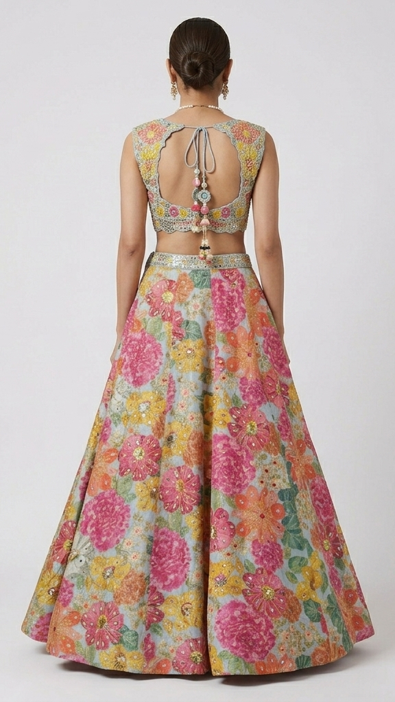 BLUE FLORAL MIRROR EMBROIDERED LEHENGA CHOLI SET