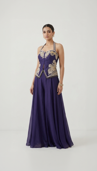 PURPLE SEQUINS EMBELLSHED HALTER NECK SHARARA SET