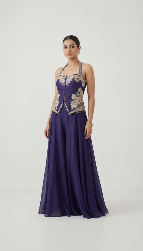 PURPLE SEQUINS EMBELLSHED HALTER NECK SHARARA SET