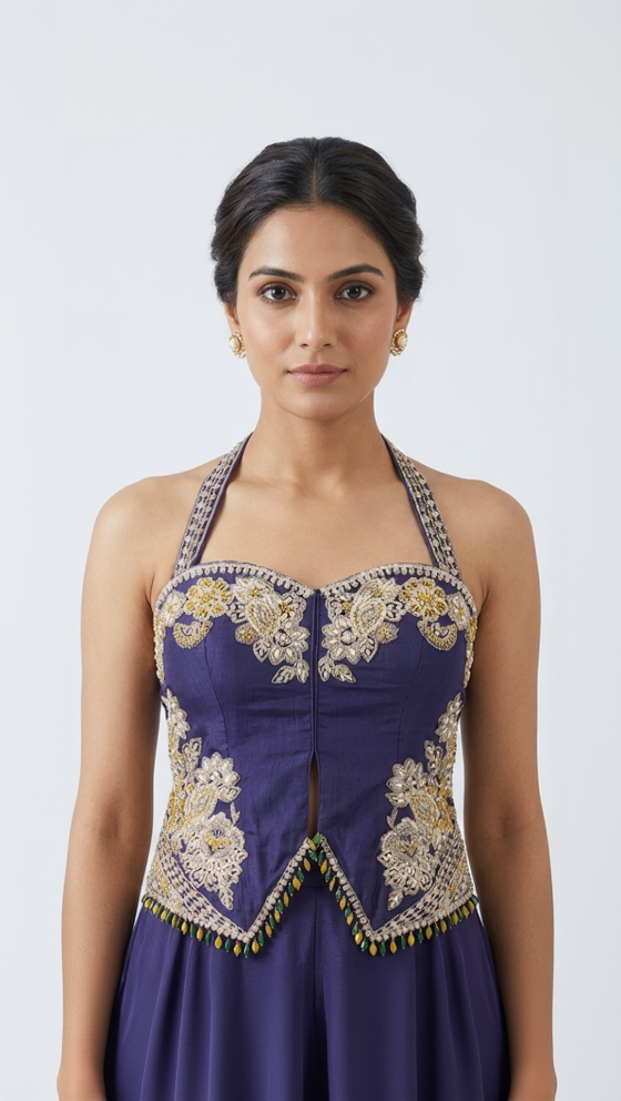 PURPLE SEQUINS EMBELLSHED HALTER NECK SHARARA SET