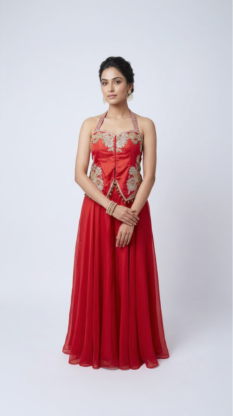 RED SEQUINS EMBELLSHED HALTER NECK SHARARA SET