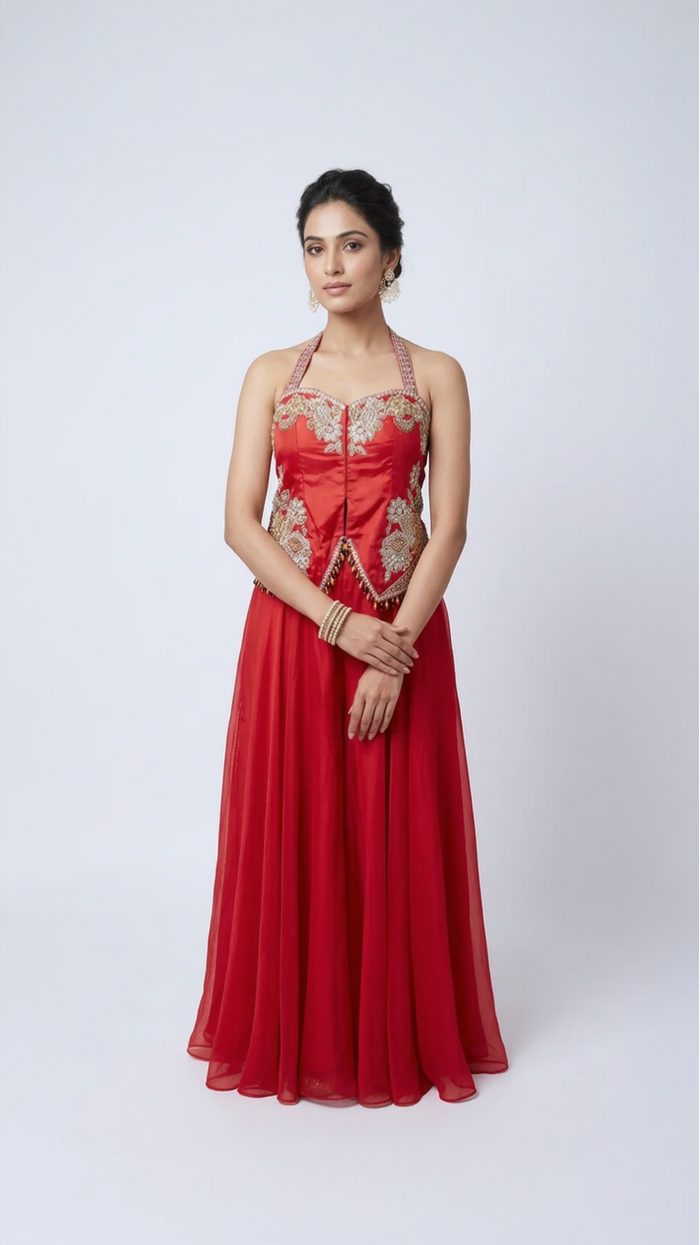 RED SEQUINS EMBELLSHED HALTER NECK SHARARA SET