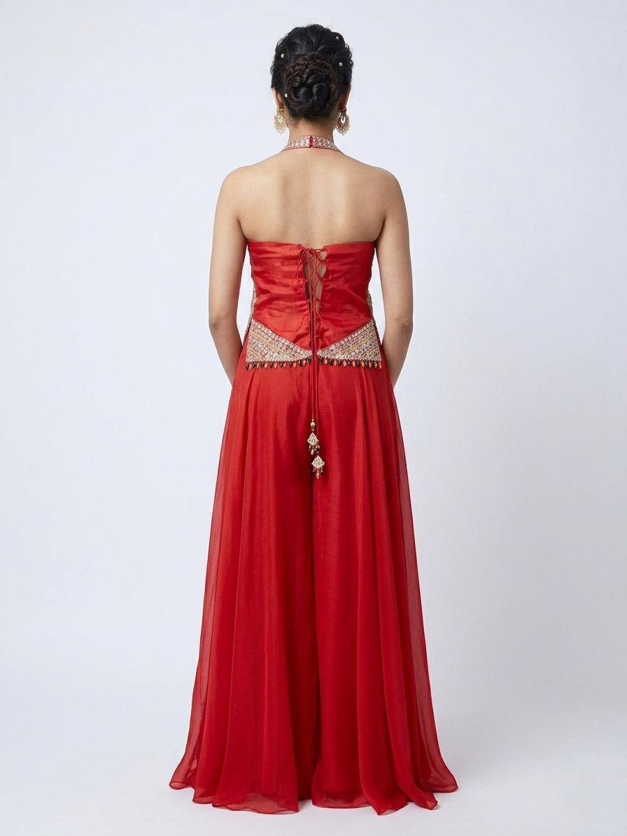 RED SEQUINS EMBELLSHED HALTER NECK SHARARA SET