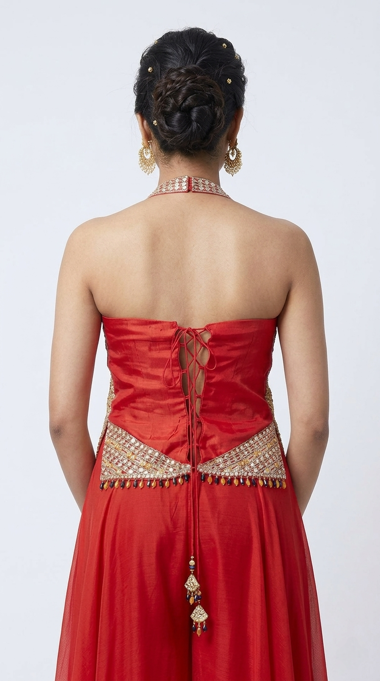 RED SEQUINS EMBELLSHED HALTER NECK SHARARA SET
